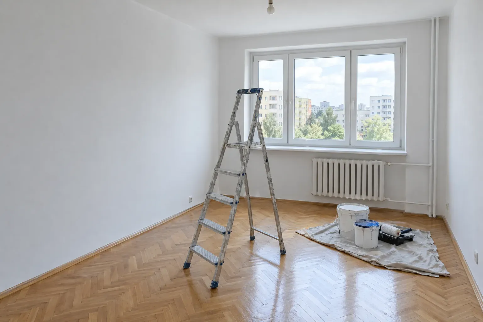 Pusty, świeżo pomalowany pokój w mieszkaniu, drabina składana i wiadra z farbą przy oknie