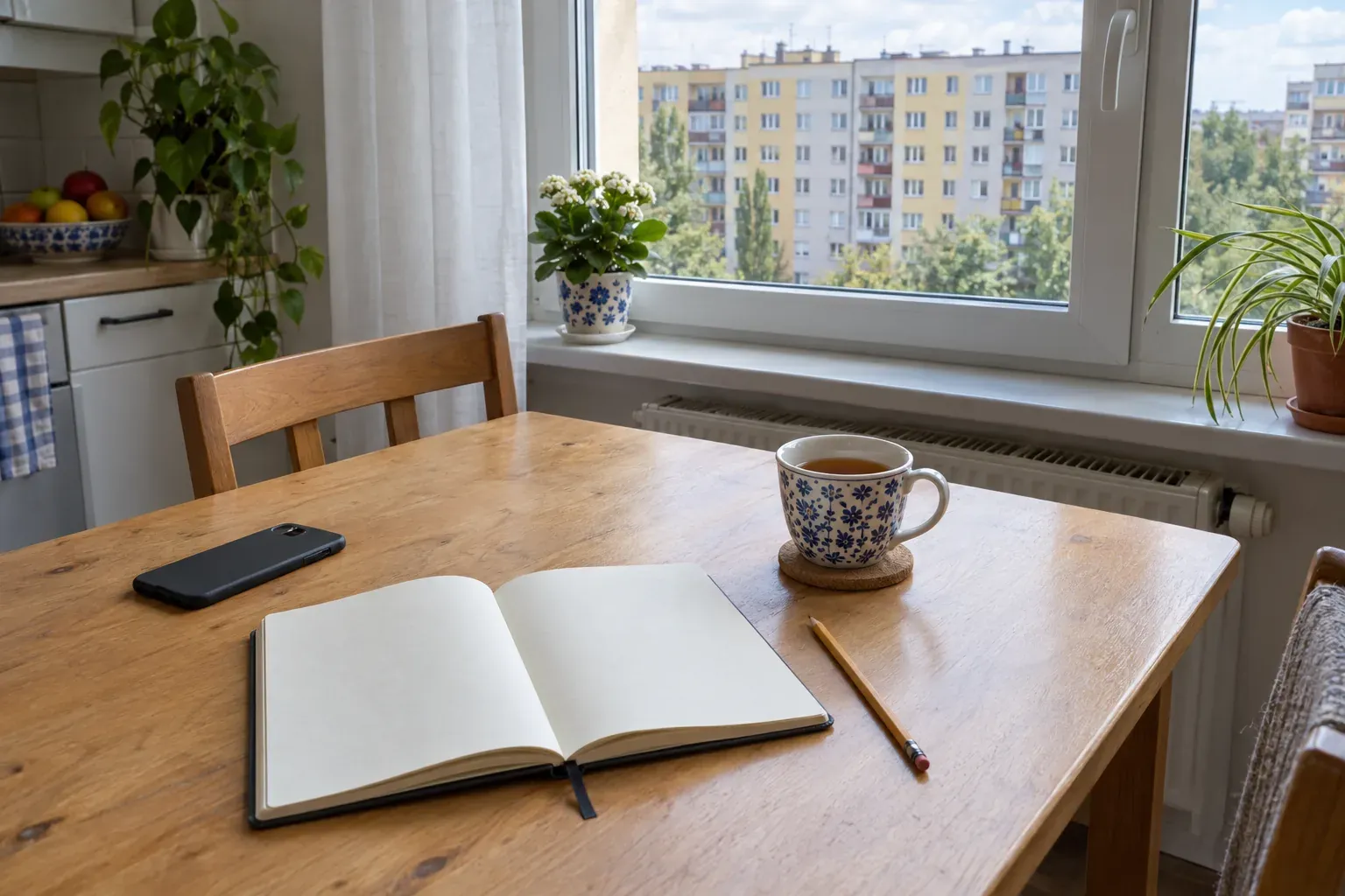 Kuchenny stół w jasnym mieszkaniu: otwarty notes, telefon leżący ekranem w dół i kubek herbaty przy oknie